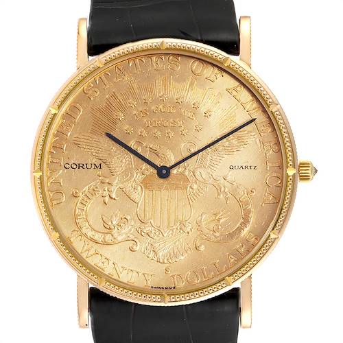 This image shows a front view of a Corum Coin Watch Men's Yellow Gold Black Dial Men's Yellow Gold Black Dial model, highlighting its dial and black leather strap.