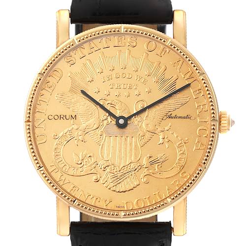 The image shows a front view of the Corum Coin Watch Men's Yellow Gold Champagne Dial Men's Yellow Gold Champagne Dial model, highlighting its gold coin dial and black leather strap.