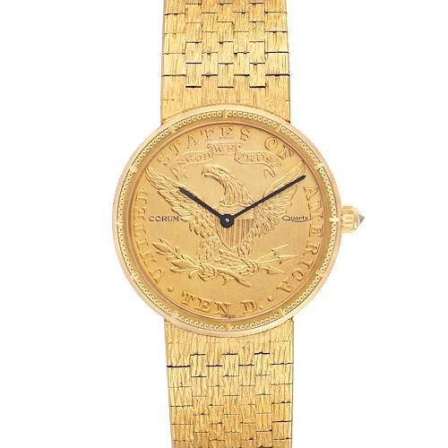 The image shows a front view of the Corum 1901 Women's Yellow Gold Black Dial 1901 Women's Yellow Gold Black Dial Coin 10 Dollars Eagle Yellow Gold Ladies Watch 1901 model, highlighting the dial, hands, and band.