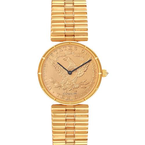 The image shows a frontal view of the Corum 1901 Women's Yellow Gold Black Dial 1901 Women's Yellow Gold Black Dial Coin 10 Dollars Double Eagle Yellow Gold Ladies Watch 1901 model, displaying its face and bracelet.