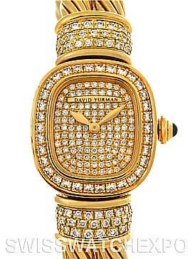 The image shows the front angle of a David Yurman   Chelsea Cable 18K Yellow Gold 2.25 ct Diamond Watch, highlighting its diamond-encrusted face and band.