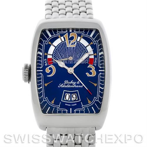 This image shows a front view of a Franck Muller Vintage Men's Stainless Steel Blue Dial Men's Stainless Steel Blue Dial model watch clearly displaying the dial, case, crown, and stainless steel bracelet.