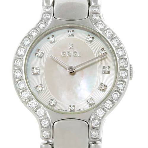 This image shows a close-up, front view of the Ebel E9157428-20 Women's Stainless Steel Mother of Pearl Dial E9157428-20 Women's Stainless Steel Mother of Pearl Dial Beluga Ladies Steel Mother of Pearl Diamond Watch E9157428-20.