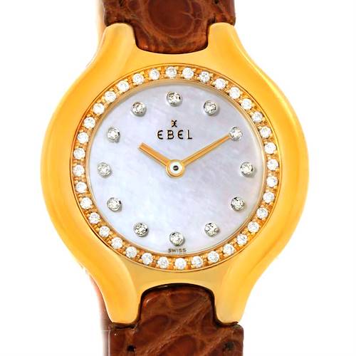 The image shows the face of the Ebel 866940 Women's Yellow Gold Mother of Pearl Dial 866940 Women's Yellow Gold Mother of Pearl Dial 866940 Beluga Ladies Yellow Gold Mother of Pearl Diamond Watch from a front angle.
