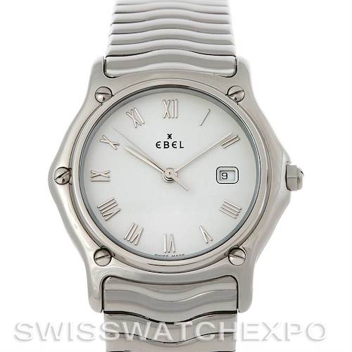 The image shows a front view of the Ebel 9087132/0240P Men's Stainless Steel White Dial 9087132/0240P Men's Stainless Steel White Dial Stainless Steel Men Watch 9087132/0240P, displaying the face, hands, and bracelet.