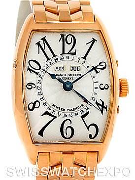 The image shows a front view of the Franck Muller Men's Rose Gold Silver Dial Men's Rose Gold Silver Dial 18K Rose Gold Master Calendar 2852MC watch, highlighting its dial, numerals, and bracelet.