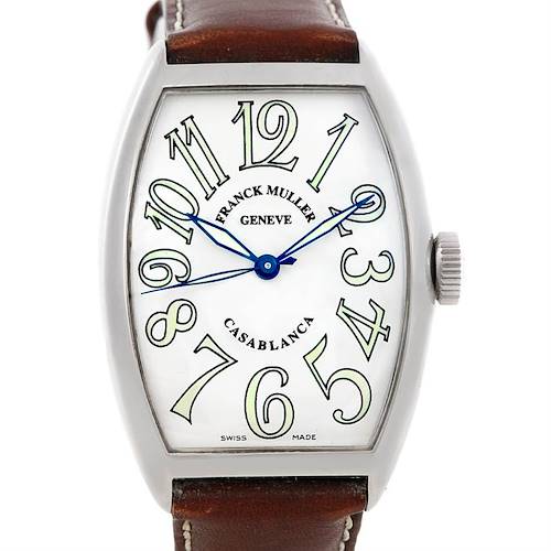 The Franck Muller Casablanca 5850 Men's Stainless Steel Silver Dial 5850 Men's Stainless Steel Silver Dial watch is shown from a front angle, displaying its face, numerals, hands, and part of the strap.