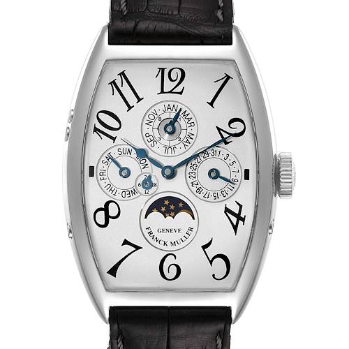 The image shows the front view of a Franck Muller Casablanca 5850 QP Men's Platinum Silver Dial 5850 QP Men's Platinum Silver Dial watch, displaying its dial, hands, subdials, and moonphase.