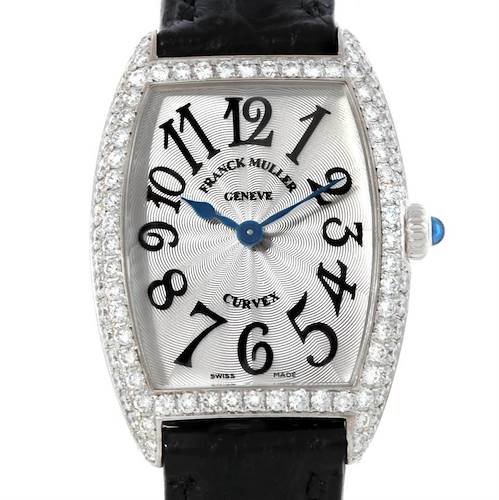 The image shows a front view of the Franck Muller 1752 Women's White Gold Silver Dial 1752 Women's White Gold Silver Dial Cintree Curvex 18K White Gold Diamond Watch 1752 model.