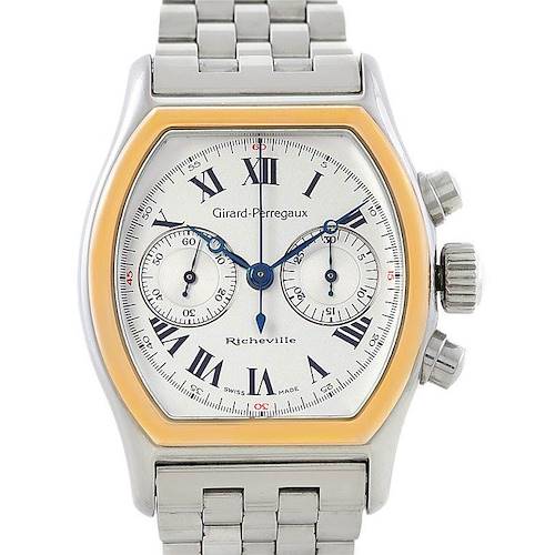 The image shows a front view of the Girard-Perregaux 2710 Men's Stainless Steel Silver Dial 2710 Men's Stainless Steel Silver Dial Richeville Steel and Rose Gold Watch 2710, highlighting its dial and bracelet.