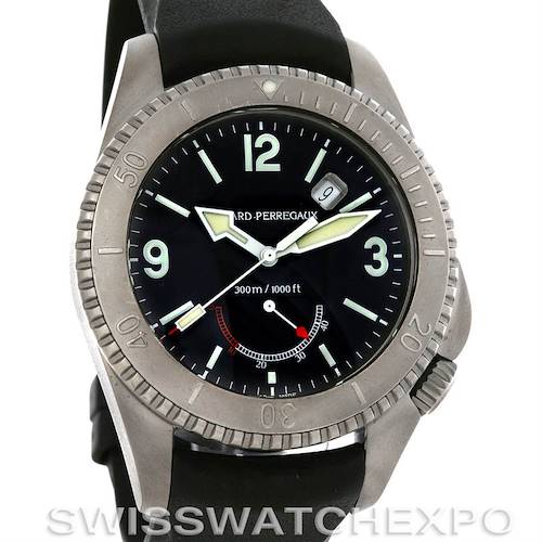 The image shows a front view of the Girard-Perregaux 49900-21-652-FK6D Men's Titanium Black Dial 49900-21-652-FK6D Men's Titanium Black Dial Sea Hawk II Titanium 49900-21-652-FK6D watch, highlighting its dial and bezel.