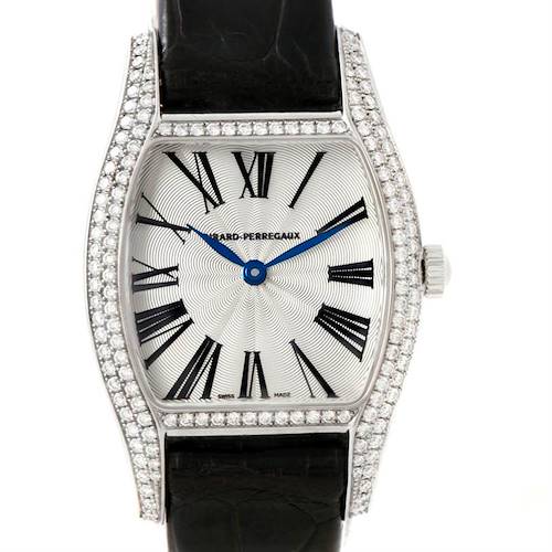 The image shows a frontal view of a Girard Perregaux Tortue Stainless Steel Diamond Ladies Watch 2656, highlighting the face and strap.