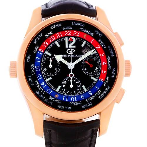 The image shows a front view of the Girard-Perregaux 49800 Men's Rose Gold Black Dial 49800 Men's Rose Gold Black Dial World Time WW.TC 18K Rose Gold Watch 49800.