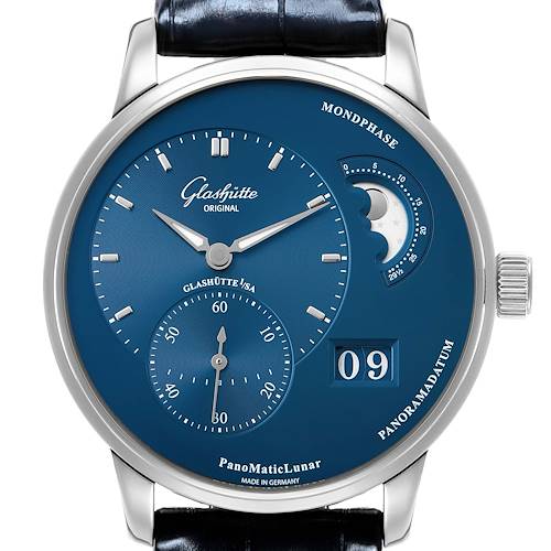 The Glashütte PanoMaticLunar watch is shown from the front, displaying the dial, moonphase, and date features.