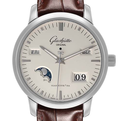 The Glashütte Senator watch is shown from the front, displaying its dial, bezel, crown, and part of the leather strap.