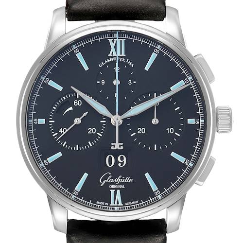 The Glashütte Senator watch is shown from the front, displaying its black dial, chronograph subdials, and a large date window.