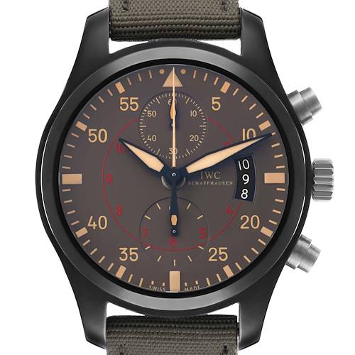 The IWC Pilot IW388002 Men's Ceramic Grey Dial model is shown from the front, displaying the dial, hands, subdials, and crown with pushers.