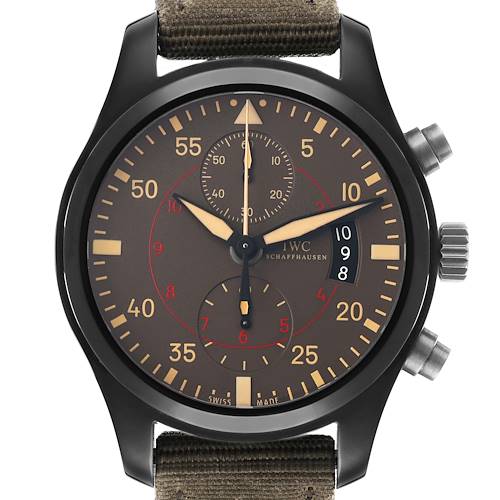 The IWC Pilot IW388002 Men's Ceramic Grey Dial watch is shown from a front angle, displaying the face, hands, sub-dials, and crown.