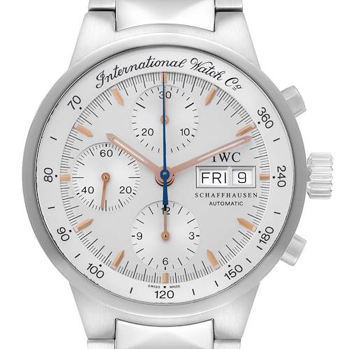 The image shows a front view of the IWC GST IW370713 men's watch, highlighting its dial, chronograph sub-dials, and date display.