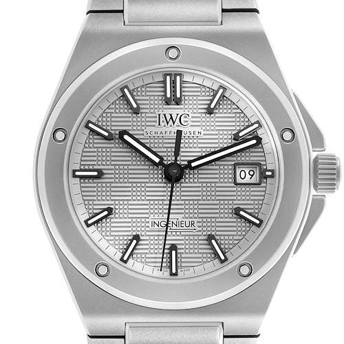 The IWC Ingenieur IW328904 Men's Titanium Grey Dial watch is shown from a front angle, displaying the dial, hands, date window, and part of the bracelet.