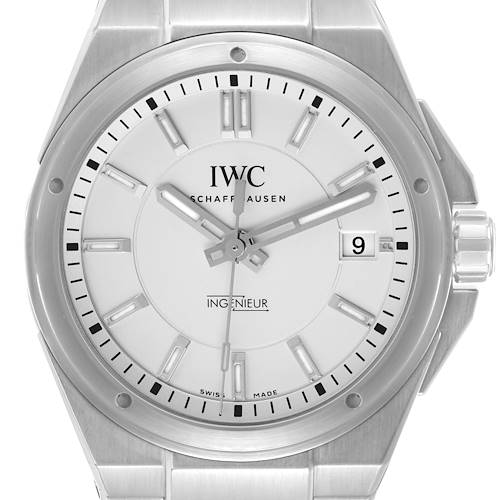 The IWC Ingenieur IW323904 Men's Stainless Steel White Dial watch is shown from a frontal angle, displaying its dial, bezel, and bracelet.