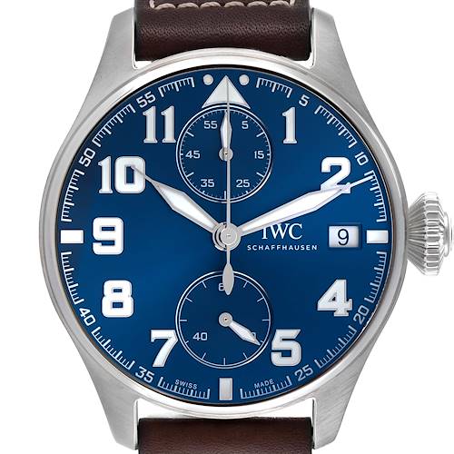 The IWC Pilot IW515202 Men's Stainless Steel Blue Dial IW515202 Men's Stainless Steel Blue Dial model is shown from the front, displaying the dial, crown, hour markers, subdials, and leather strap.