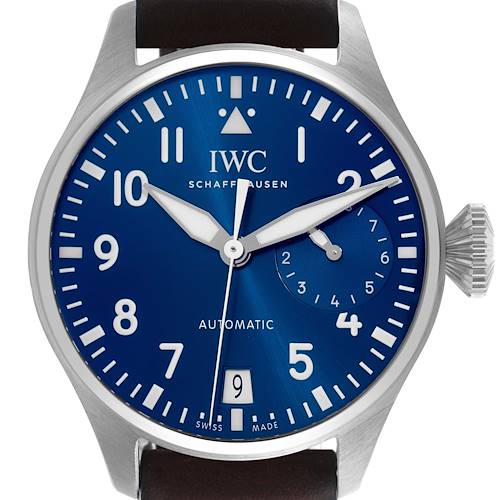 The IWC Pilot IW501002 Men's Stainless Steel Blue Dial IW501002 Men's Stainless Steel Blue Dial watch is shown from the front, displaying its blue dial, hands, date window, and crown.