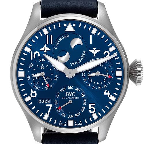 The image shows a front view of the IWC Pilot IW503605 Men's Stainless Steel Blue Dial IW503605 Men's Stainless Steel Blue Dial model watch, highlighting its dial, subdials, and crown.