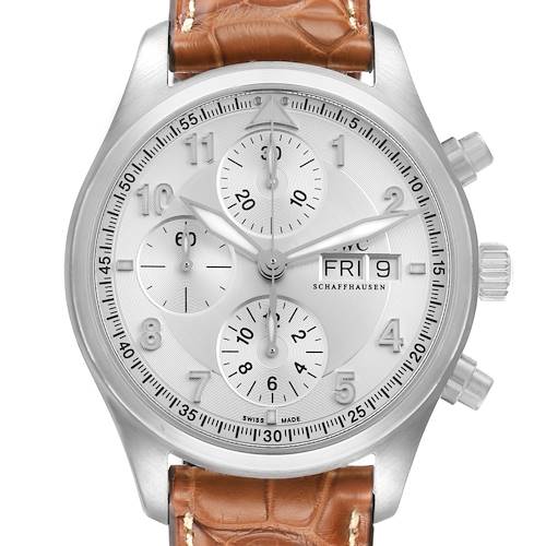 The IWC Pilot IW370623 Men's Stainless Steel Silver Dial watch is shown from the front, displaying the dial, subdials, crown, and pushers with a brown leather strap.