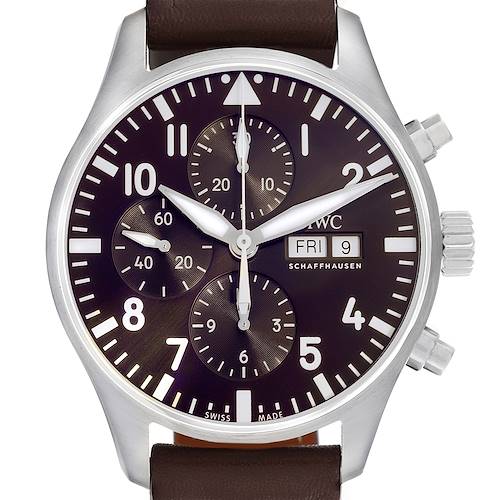 The IWC Pilot IW377713 Men's Stainless Steel Brown Dial IW377713 Men's Stainless Steel Brown Dial watch is shown from a front angle, displaying the dial, hands, subdials, crown, and part of the leather strap.