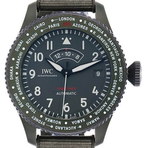 The IWC Pilot IW395601 Men's Ceramic Green Dial watch is shown from the front, highlighting the dial, bezel with city names, hands, and crown.