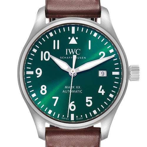 The image shows a frontal view of the IWC Pilot Mark XX model IW329702 men's watch, displaying the green dial, numerals, hands, date window, and brown leather strap.