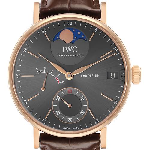 The image shows a frontal view of an IWC Portofino IW516403 Men's Rose Gold Grey Dial watch, highlighting the dial, moon phase, and subdials.