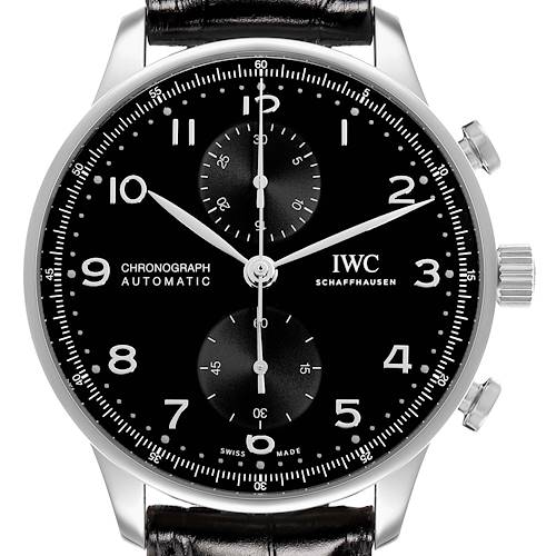The IWC Portuguese IW371609 Men's Stainless Steel Black Dial model is shown from the front, highlighting the dial, chronograph subdials, pushers, and crown.