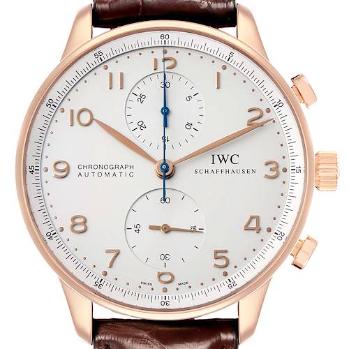 The IWC Portuguese IW371480 Men's Rose Gold Silver Dial model is shown from a front angle, highlighting the face, crown, and subdials.