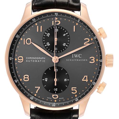 The IWC Portuguese IW371482 Men's Rose Gold Grey Dial watch is shown from a top-down angle, displaying the dial, hands, subdials, and crown.
