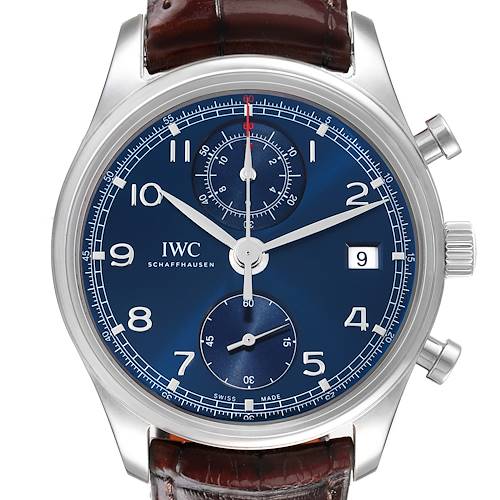 The IWC Portuguese IW390406 men's watch is shown from the front, displaying its blue dial, subdials, and date window, with visible pushers and crown.
