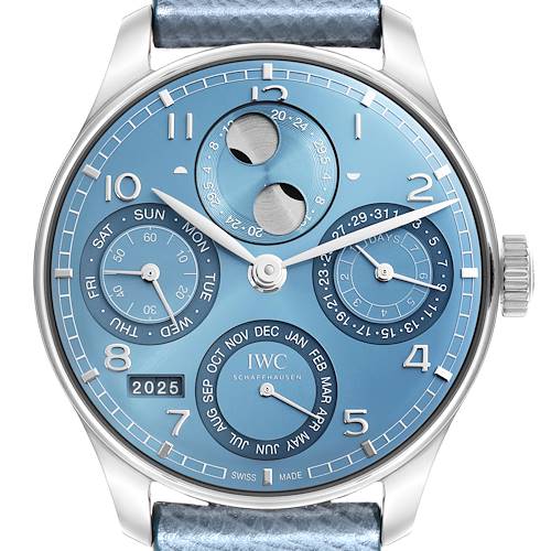 The IWC Portuguese IW503703 Men's White Gold Blue Dial IW503703 Men's White Gold Blue Dial watch is shown from a front angle, displaying its dials and calendar features.