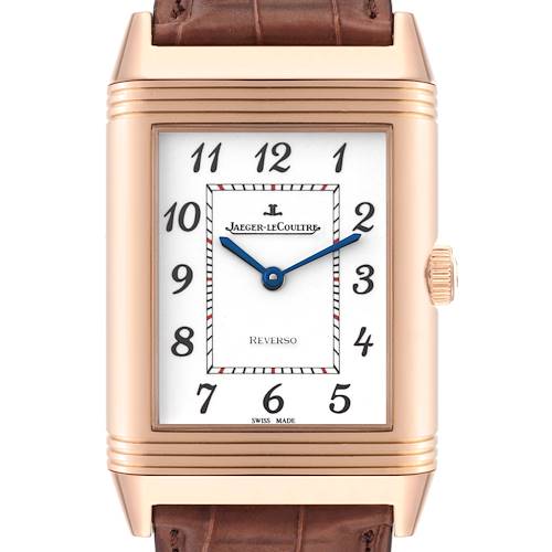 This image shows a front view of the Jaeger-LeCoultre Reverso watch, highlighting the dial, numerals, and part of the strap.
