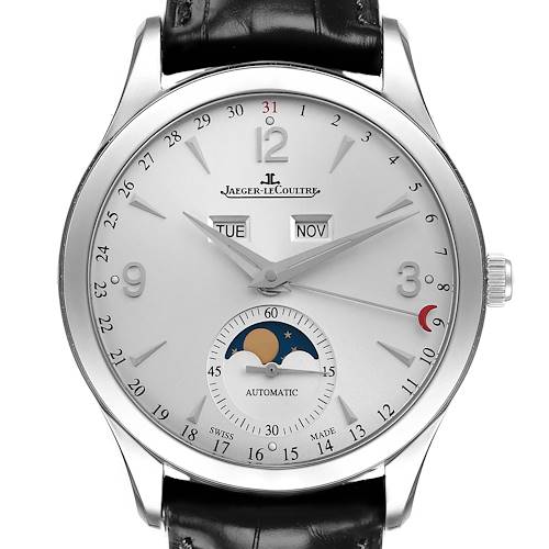 The Jaeger LeCoultre Master Q1558420 Men's Stainless Steel Silver Dial model is shown from the front, displaying the dial with date, day, month, and moon phase features.