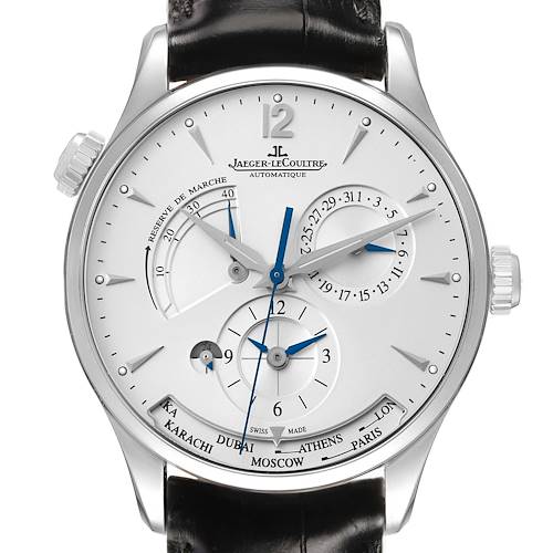 The image shows a front view of the Jaeger LeCoultre Master Q1428421 Men's Stainless Steel Silver Dial watch, highlighting its dial with multiple complications.