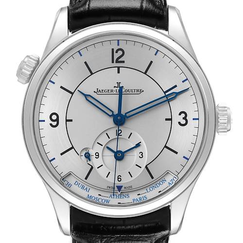 The Jaeger LeCoultre Master Q1428530 Men's Stainless Steel Silver Dial watch is shown from the front, displaying the face, dial, and both crowns.