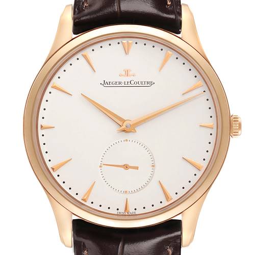 The Jaeger LeCoultre Master Q1352520 Men's Rose Gold Beige Dial watch is shown from the front, displaying the face, hands, crown, and strap connection.
