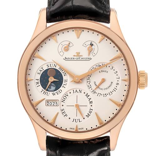 The Jaeger LeCoultre Master Q1612520 Men's Rose Gold Silver Dial watch is shown from the front, displaying the dial, crown, leather strap, and detailed complications.