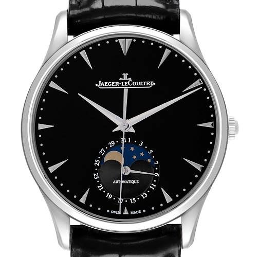 The Jaeger-LeCoultre Master model watch is shown from the front, displaying the dial and moon phase feature.