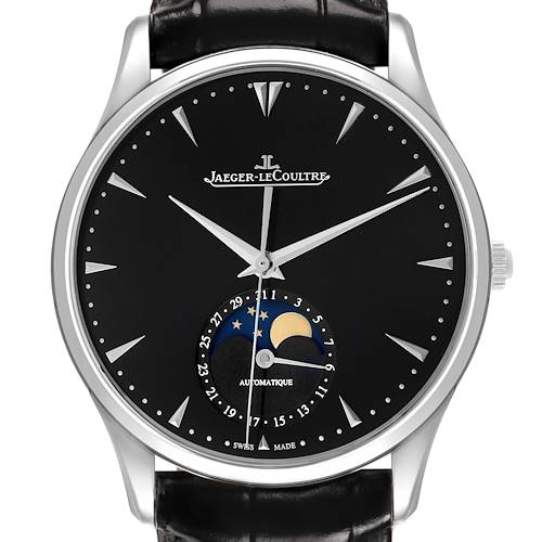 The Jaeger LeCoultre Master Q1368470 Men's Stainless Steel Black Dial watch is shown from a front angle, displaying the dial, hands, and moon phase indicator.