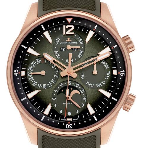 The Jaeger LeCoultre Polaris Q908263J/842.2.A8.S Men's Rose Gold Green Dial Q908263J/842.2.A8.S Men's Rose Gold Green Dial model is shown from the front, highlighting the full dial with multiple subdials and features.