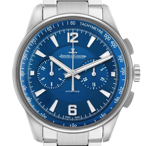 The Jaeger-LeCoultre Polaris watch is shown from the front, highlighting its blue dial, subdials, and stainless steel case.