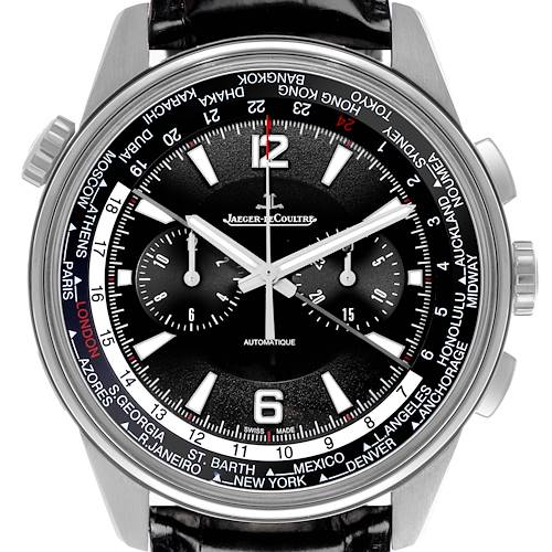 The Jaeger LeCoultre Polaris Q905T471 Men's Titanium Black Dial Q905T471 Men's Titanium Black Dial watch is shown from a frontal angle, displaying the dial with multiple time zones.