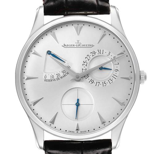 The Jaeger-LeCoultre Master watch is shown from the front, displaying the face, hands, and subdials clearly.